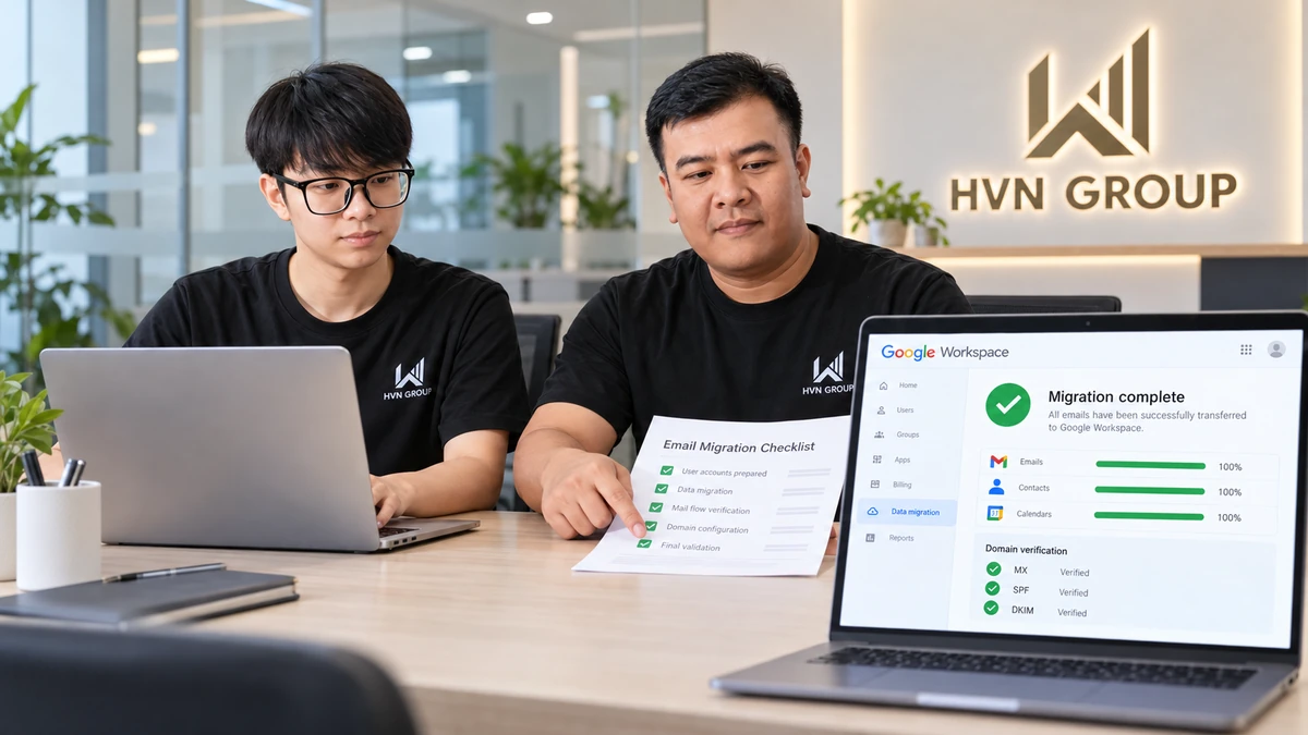 Minh họa kỹ thuật viên HVN GROUP cấu hình và chuyển email sang Google Workspace