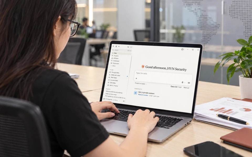 Minh họa nhân viên sử dụng giao diện Claude trên laptop