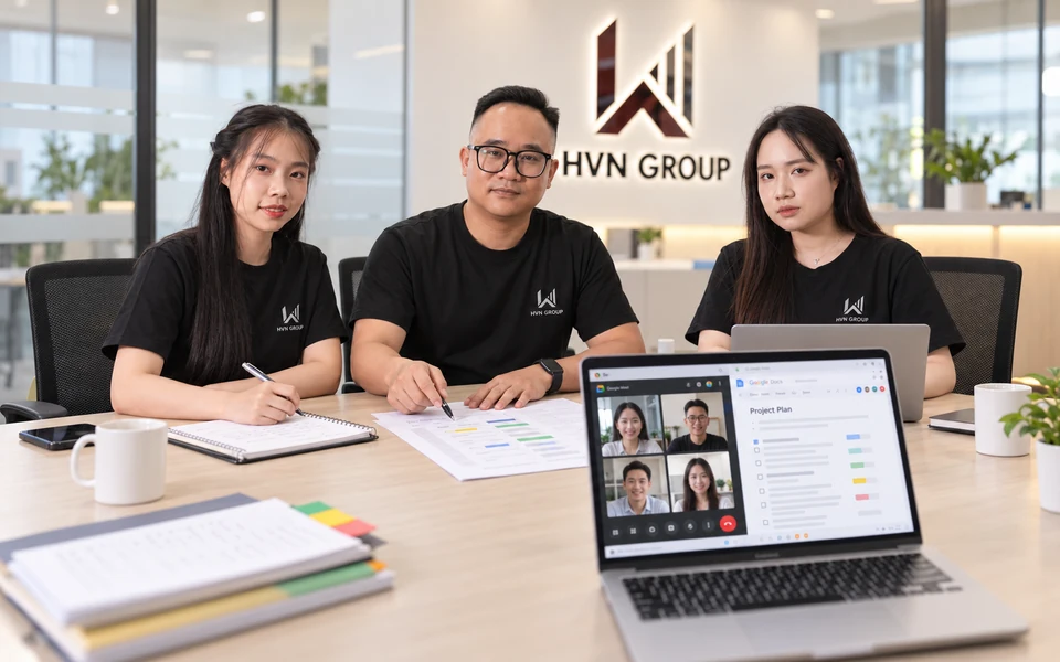 Minh họa ba thành viên HVN GROUP cộng tác với Google Meet và Google Docs