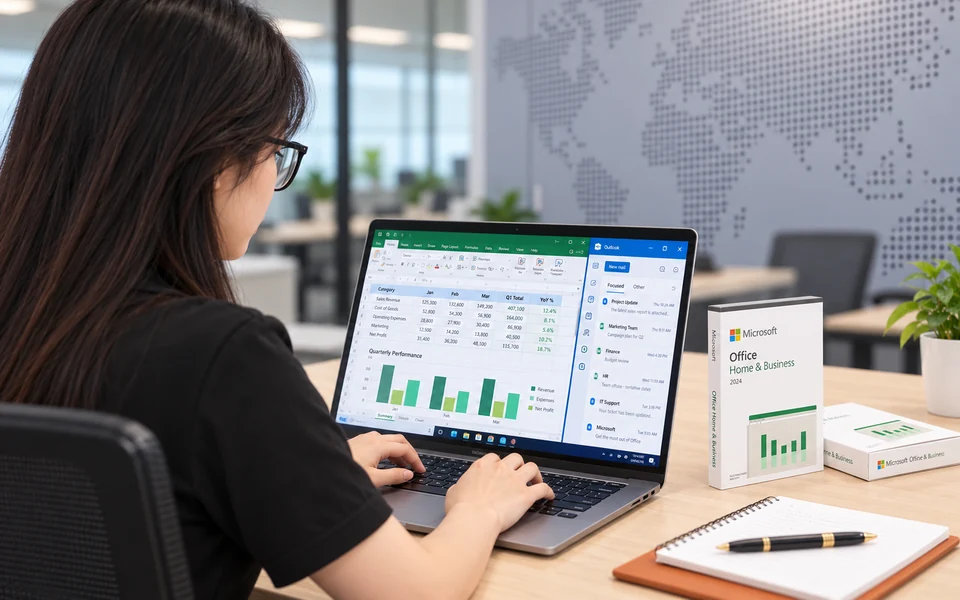 Minh họa nhân viên dùng Excel và Outlook, bên cạnh các hộp Office Home & Business 2024