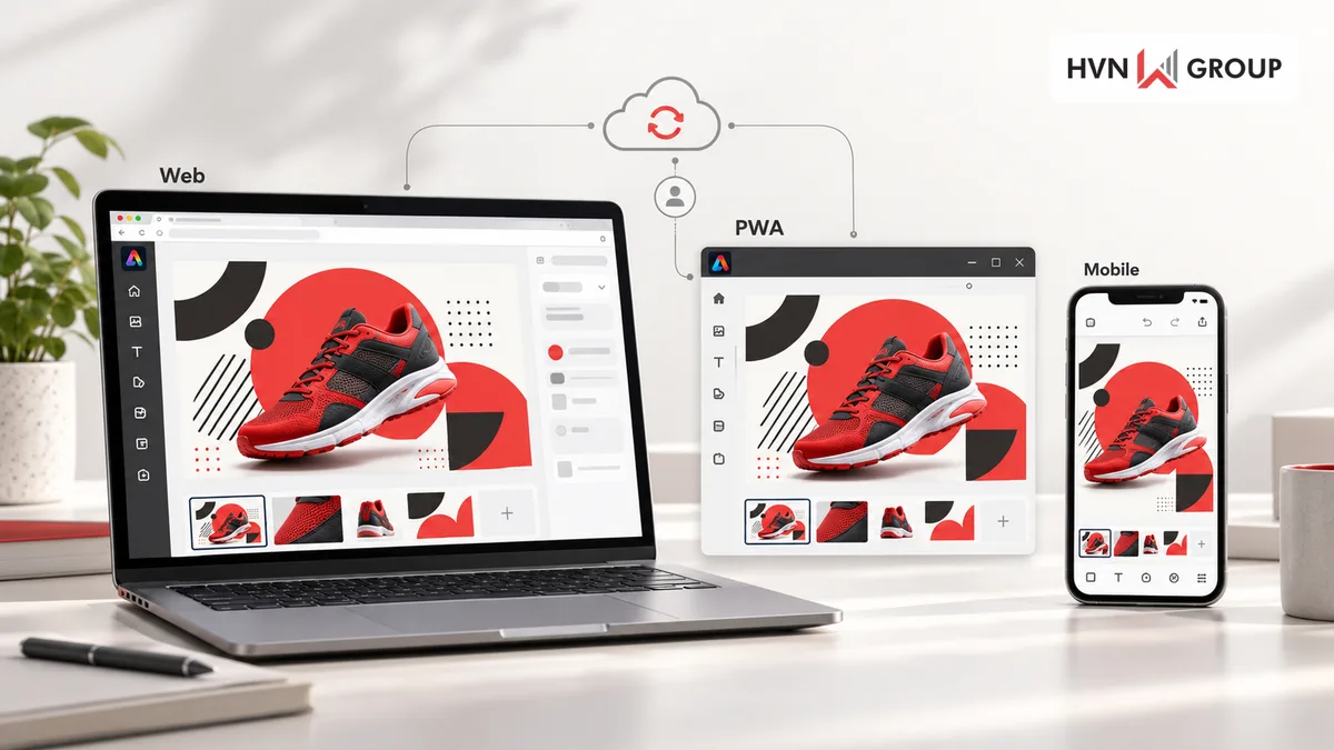 Adobe Express trên trình duyệt, ứng dụng web PWA và điện thoại với cùng một dự án.
