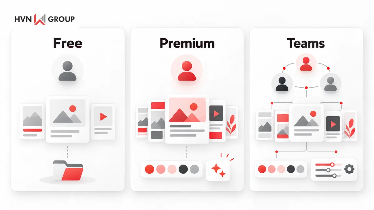 Minh hoạ ba gói Adobe Express Free, Premium và Teams theo nhu cầu cá nhân và cộng tác nhóm.