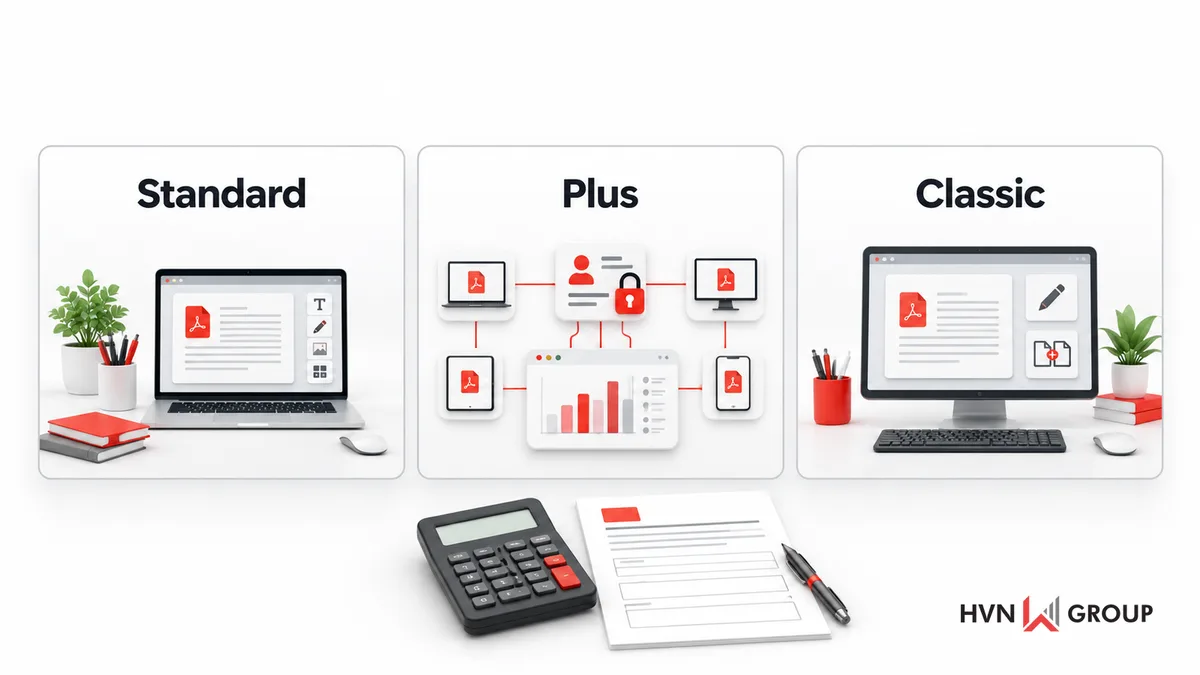 Minh họa cách chọn Nitro PDF Standard, Plus và Classic theo nhu cầu doanh nghiệp