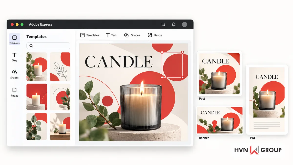 Minh hoạ giao diện Adobe Express với thư viện mẫu, vùng chỉnh sửa và các định dạng thiết kế.