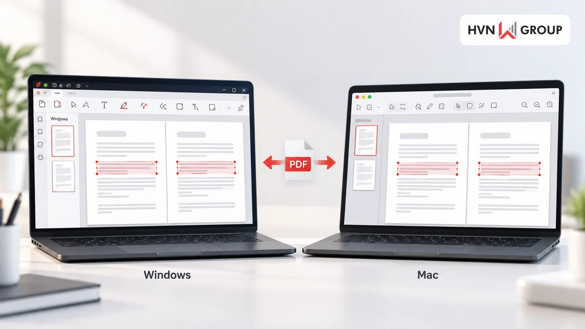 Minh họa giao diện Nitro PDF trên Windows và Mac khi mở cùng một hợp đồng