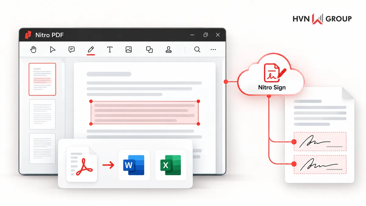 Minh họa Nitro PDF để sửa tài liệu và Nitro Sign để gửi ký điện tử