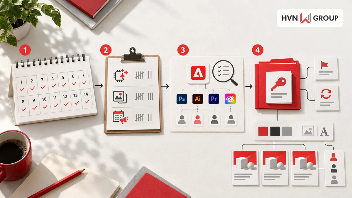 Quy trình thử nhu cầu, rà quyền Adobe hiện có và xác định giấy phép Adobe Express cho doanh nghiệp.